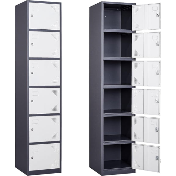 71" Lockable 6-Door Metal Locker Storage Cabinet with Shelves for Employees, School, Office, Home, Gym (White/Grey)