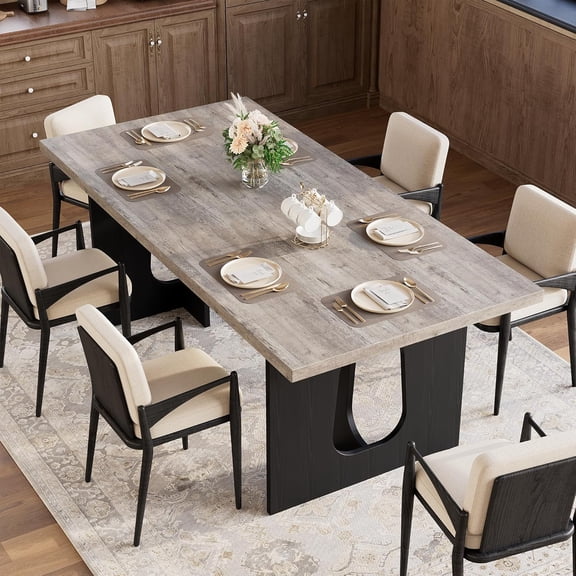 71" Long Dining Table for 6-8 People - Modern Kitchen Table with Extra Thickened Tabletop & Heavy Duty Pedestal Legs, Rectangular Dinner Table for Kitchen, Conference Room, Home, Grey + Black