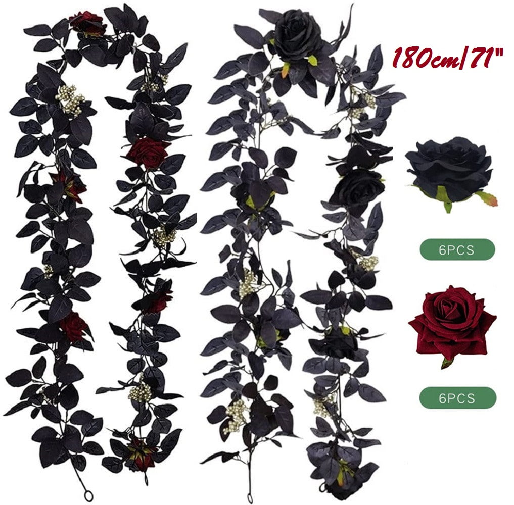 71" Long Exquisite Black Artifical Garland, Black/Red Rose Maple Leaf