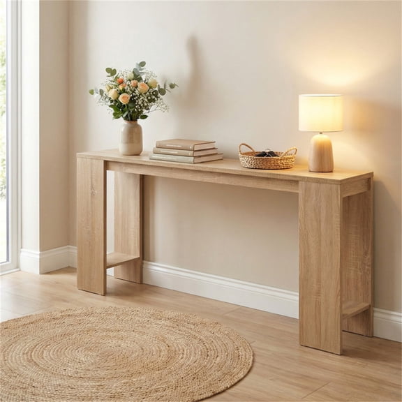 71" Long Farmhouse Console Table Narrow Entryway Sofa Table with Bottom Storage Shelf Natural