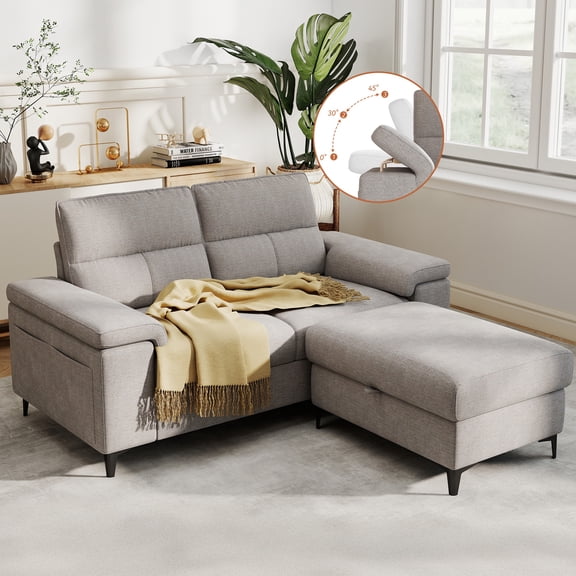 71" Loveseat Sofa with Storage Ottoman Adjustable Armrest L-Shaped Sectional Couch for Living Room Gray