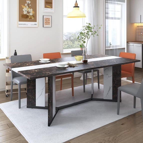 71" Luxurious Marble Dining Table for 6-10 People, Modern 6ft Large Gaming Computer Desk Family Rectangular Dinner Table with Adjustable Leg(Marble Brown)