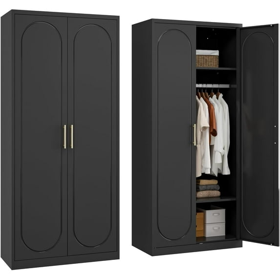 71" Metal Armoire Wardrobe Closet with Doors,Tall Clothing Storage Cabinet with Adjustable Shelves and Hanging Rod,Black Wardrobe Closet for Bedroom,Home,Office,Gym