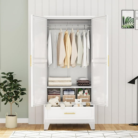 71" Metal Armoire Wardrobe Closet Storage Cabinet with Hanging Rod,Metal Clothing Cabinet with 1 Drawer and Adjustable Shelf for Bedroom, Laundry Room(White)