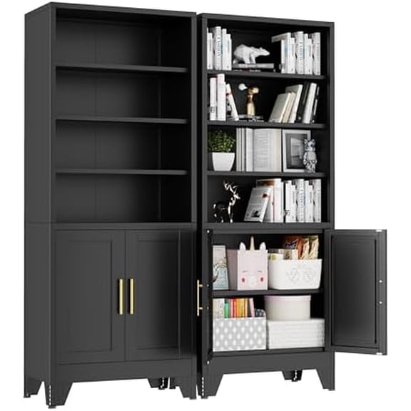 71" Metal Bookcases and Bookshelves with 2 Doors and 4 Adjustable Shelves, Tall Black Storage Cabinet Industrial Modern Open Display Book Shelf for Living Room, Bedroom, Office (Black)