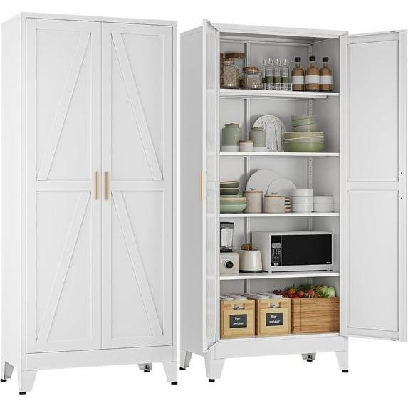 71''Metal Cabinet with 4 Adjustable Shelves,5-Tier Pantry Storage Cabinet,Kitchen Pantry Cabinet for Living Room,Dining Room, White