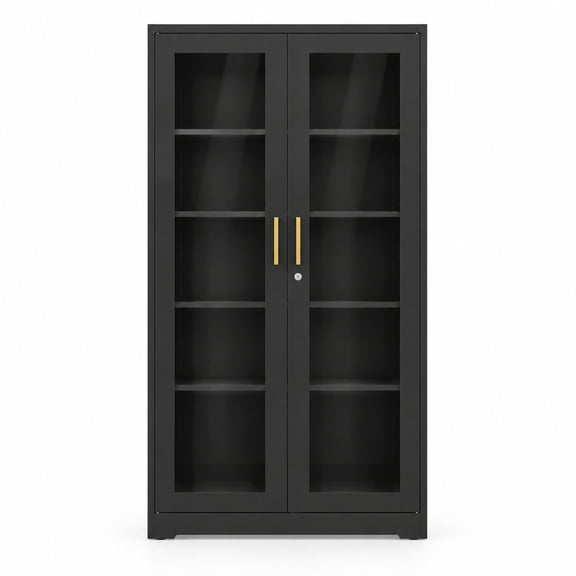 71" Metal Display Cabinet with Lock & Glass Doors, Black