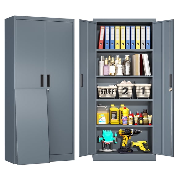 71" Metal Garage Storage Cabinet with 4 Adjustable Shelves and Locking Doors, Tall Freestanding Garage Cabinet for Office, Home, Kitchen, Grey(71"H x 36"W x 16"D)