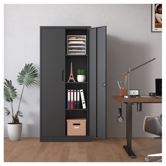 71" Metal Garage Storage Cabinet, Black Steel Locker with 3 Shelves