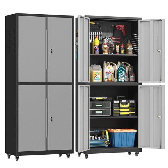 71" Metal Garage Storage Cabinet with Wheels and Pegboard, Steel Tool Cabinet with Adjustable Shelves and Doors, Garage Rolling Cabinet for Garage, Basement, Warehouse, Home Office