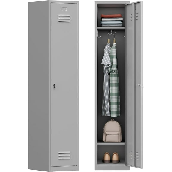 Firstsky 71" Metal Locker with Keys for Home,Gym,3 Tier Steel Office Storage Locker with Hook,Tall Cabinet for Employees (Gray, 1-Door)