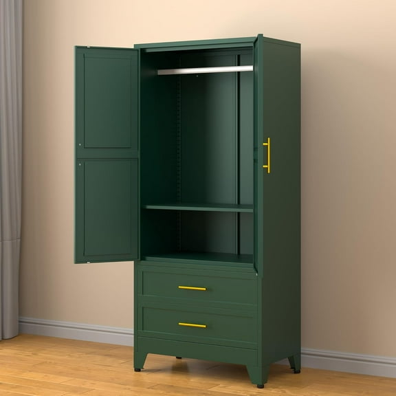 71” Metal Storage Cabinet with 2 Doors, 1 Adjustable Shelf and 2 Draws, Armoire Wardrobe Closet with Hanging Rods for Home Office, Bedroom, Living Room (Green)