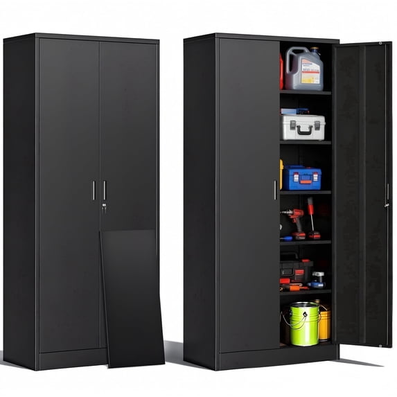 180cm Metal Storage Cabinet with Locking Doors, 71 inch Tall 2 Door File Cabinet with Adjustable Shelves for Garage, Home, Office, Black