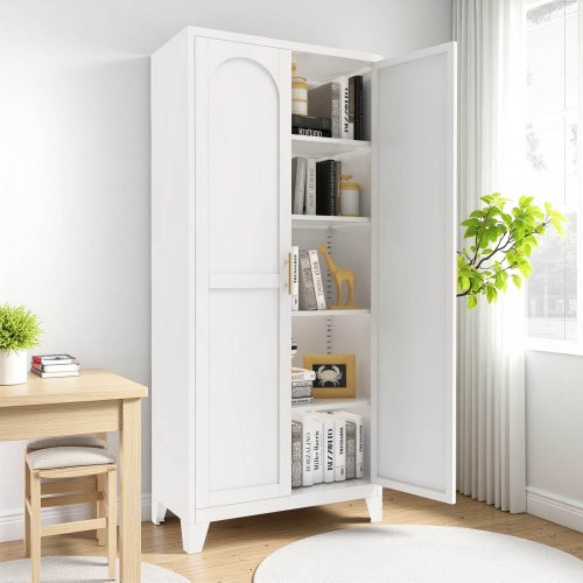 71" Metal Storage Cabinet with Lock, Adjustable Shelves & 2 Doors, Tall Steel Cabinet for Kitchen, Bedroom, Office, White