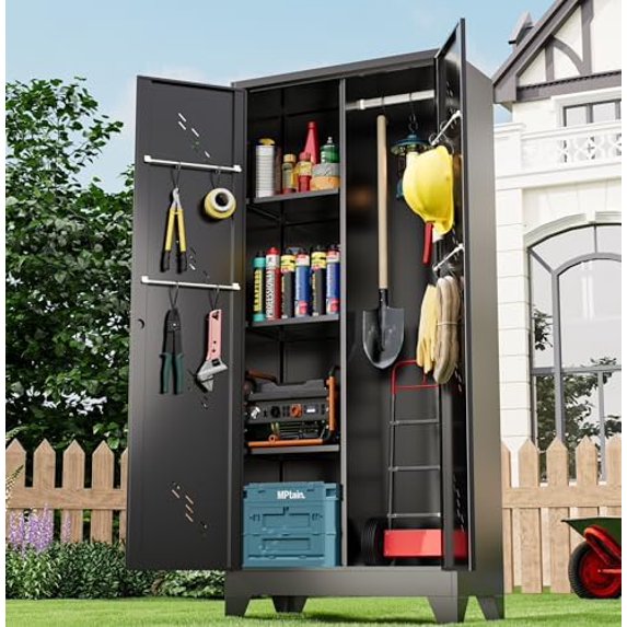71" Metal Tools Storage Cabinet with Doors and Shelves, Outdoor Storage Sheds with Lock, Black Cleaning Supplies Organization Cabinet with Hanging Rod for Garage, Outdoor,$$Garden & Patio