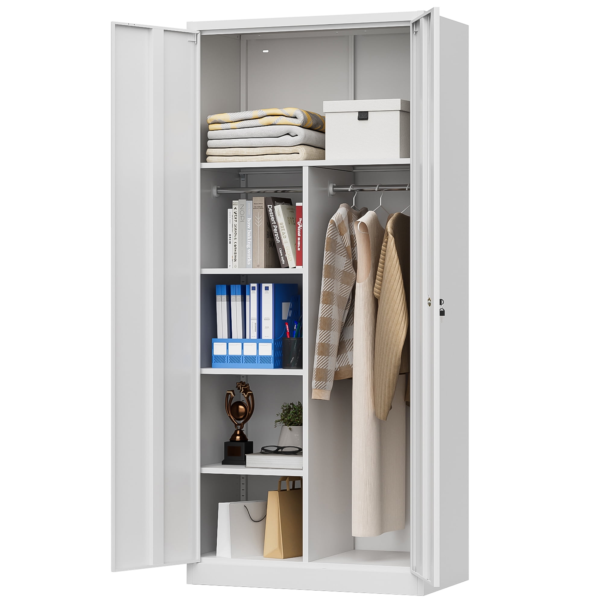 Bestoo Metal Wardrobe Cabinet with Lock, 71" Garage Wardrobe Closet with Hanging Rod, Steel Wardrobe Storage Locker for Home Office, Gym, Employees, White
