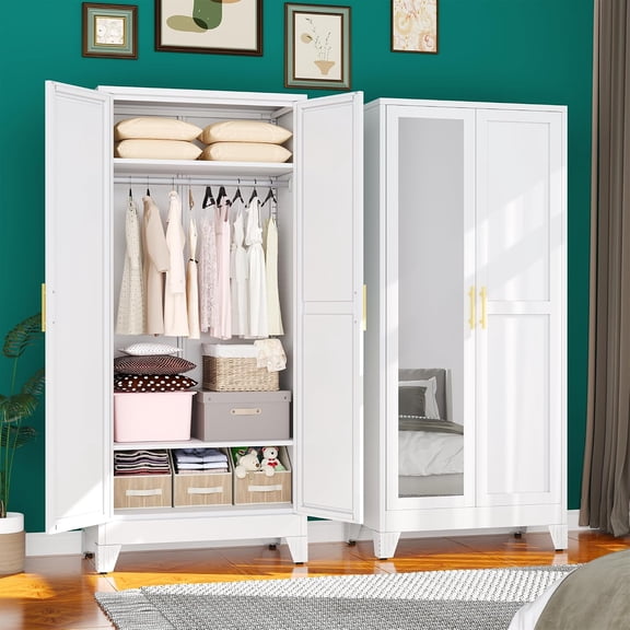 71" Metal Wardrobe Closet w/Mirror, Steel Clothing Storage Cabinet, Adjustable Shelves & Hanging Rod, White