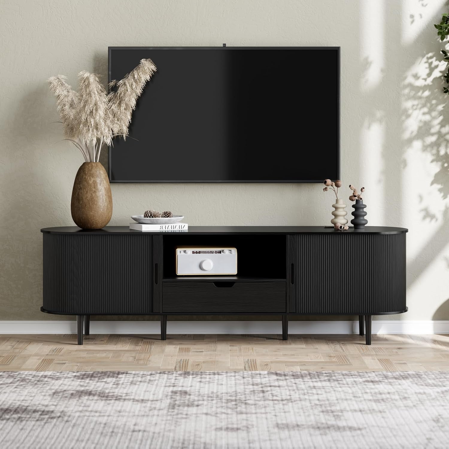 71" Mid-Century Modern Fluted TV Stand with Power Outlet, Sliding Door & Adjustable Shelves, for TVs up to 80 Inches, Black