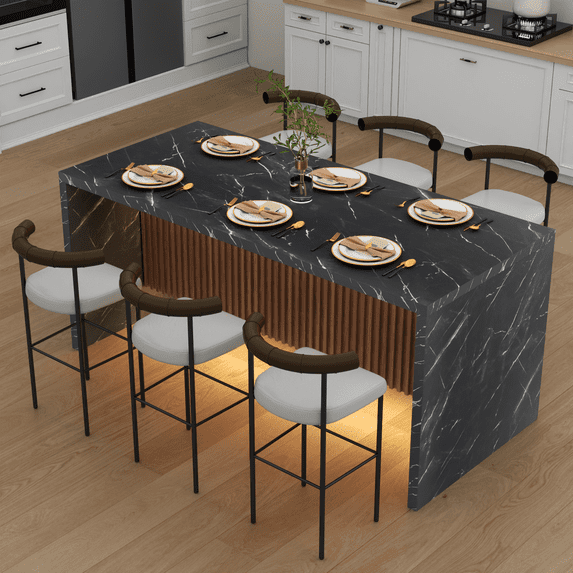 71" Modern Black Marble Dining Table with LED Lights, Rectangular Faux Marble Kitchen Table for 4-6 People, Large Island Table with Striped Grille Base for Dining Room, Home, or Living Room