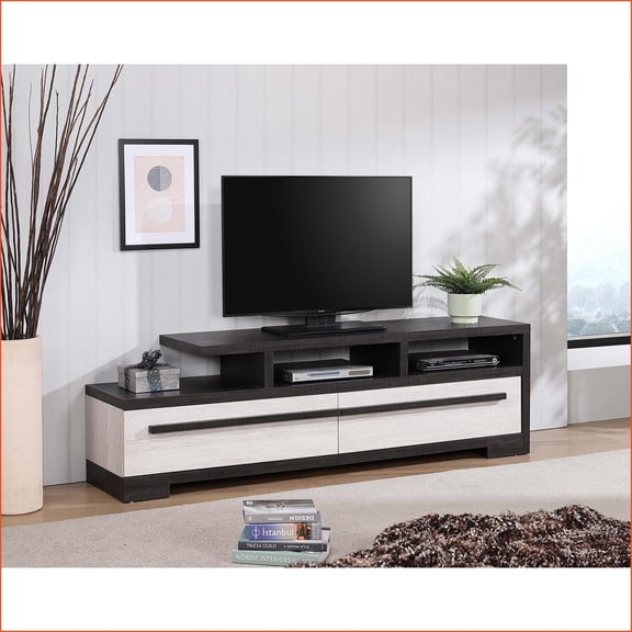 71 Modern Chalk Ebony Wood TV Stand with 2 Drawers & Open Shelf | Ebony | TV Size Ranges 60-69 inches