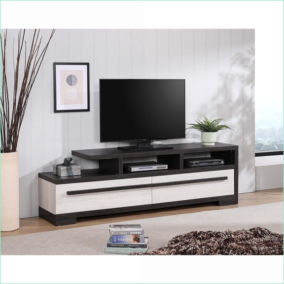 71 Modern Chalk Ebony Wood TV Stand with 2 Drawers & Open Shelf | Ebony | TV Size Ranges 60-69 inches
