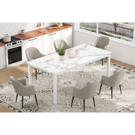 71" Modern Dining Table for 4–6, Large Rectangular Kitchen Table with Rounded Corners, Sturdy Metal Legs & Engineered Wood Top, Multi-Purpose Table for Dining, Home Office, Marble White