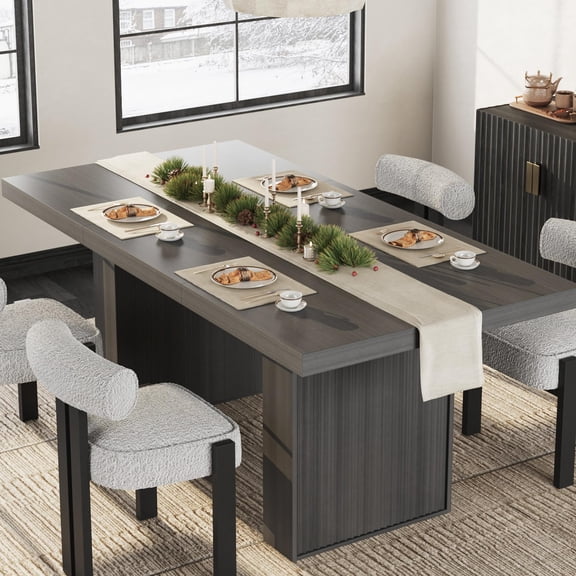 71'' Modern Dining Table for 6-10 People, Wood Rectangular Table with Fluted Legs & Integrated Storage for Dining Room Kitchen