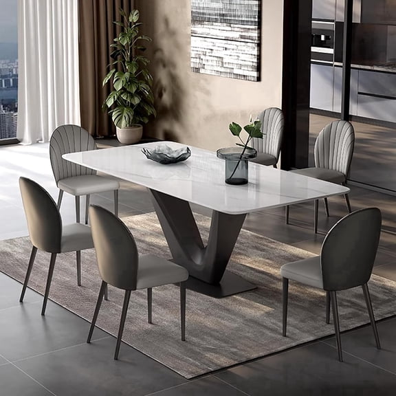 71" Modern Dining Table for 6, Sintered Stone Dining Table Top with Black V-Shaped Metal Base, Rectangle Dining Room Table for Kitchen (Table Only)
