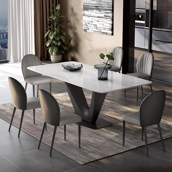 71" Modern Dining Table for 6, Sintered Stone Dining Table Top with Black V-Shaped Metal Base, Rectangle Dining Room Table for Kitchen (Table Only)