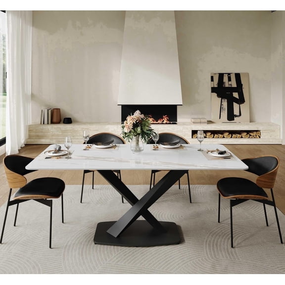 71" Modern Dining Table for 6, White Sintered Stone Dining Tabletop with Black X-Shape Metal Base, Rectangle Dining Table for Kitchen (Table Only)