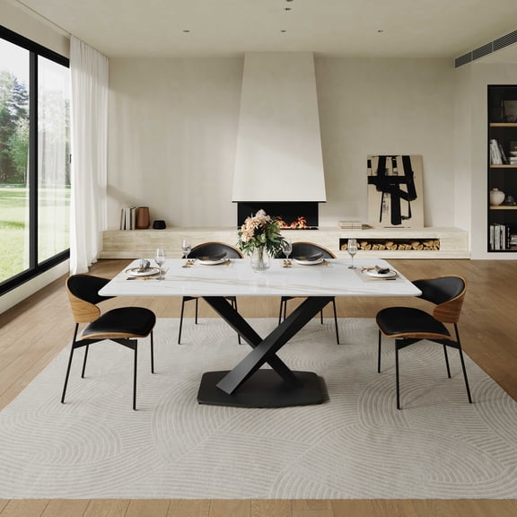 71" Modern Dining Table for 6, White Sintered Stone Dining Tabletop with Black X-Shape Metal Base, Rectangle Dining Table for Kitchen (Table Only)
