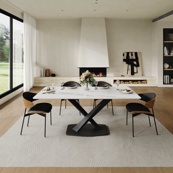 71" Modern Dining Table for 6, White Sintered Stone Dining Tabletop with Black X-Shape Metal Base, Rectangle Dining Table for Kitchen (Table Only)
