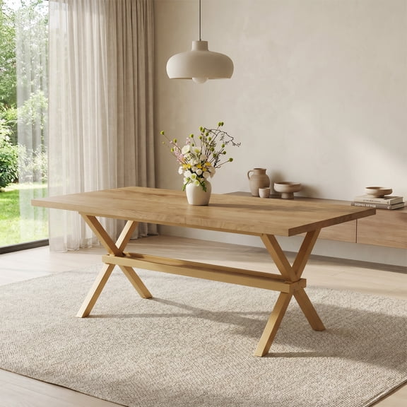 71" Modern Dining Table with MDF Splicing Desktop and X-shaped Metal Frame, for Kitchen, Dining Room, Light Wood
