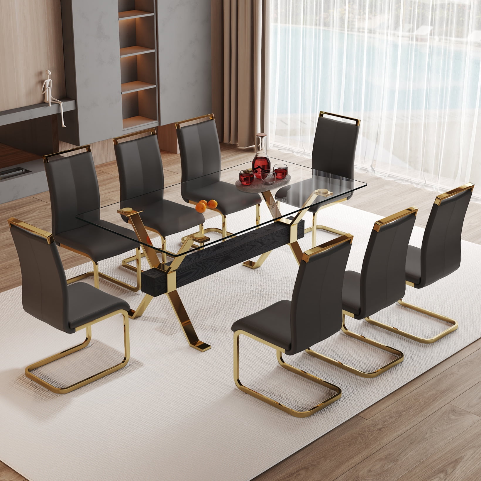 71" Modern Glass Dining Table Set for 8 with Tempered Glass Top & 8 PU Leather Chairs, Gold ...