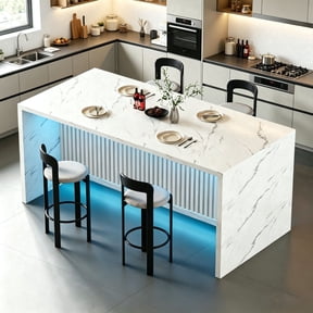 71" Marble Kitchen Island & Dining Table for 4-6 People Marble Bar Table with LED Lighting, Suitable for Dining Room and Living Room, White