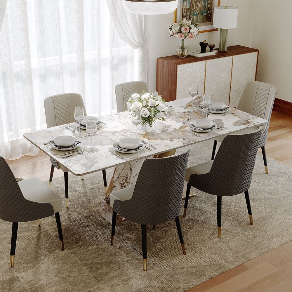 POVISON-71"Modern Luxury Gold Rectangular Dining Table for 4-6, Glossy Sintered Stone Tabletop, White and Gold Z-shaped Stainless Steel Base