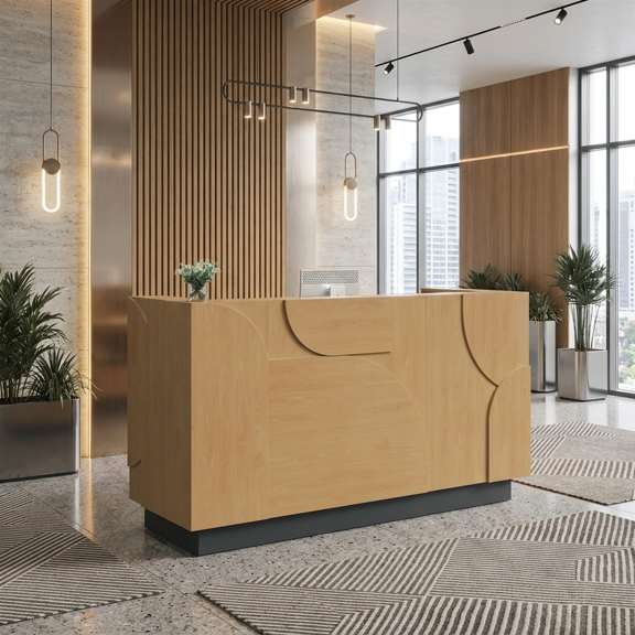 71" Modern Reception Desk with 3D Relief Front, Built-in Power Strip, 2 Drawers, Dual Storage Cabinets & Cable Management, Natural Oak & Matte Black