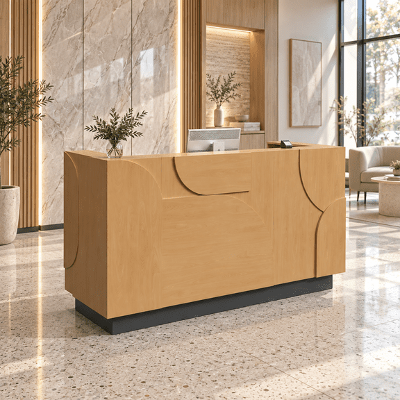 71" Modern Reception Desk with 3D Relief Front, Built-in Power Strip, 2 Drawers, Dual Storage Cabinets & Cable Management, Natural Oak & Matte Black