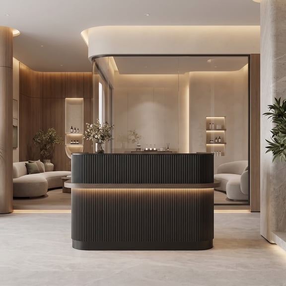 71" Modern Reception Desk with Power Outlets, Lockable Storage, LED Lighting, Keyboard Tray & Storage Cabinets, Black & Walnut