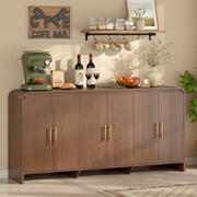 71" Modern Sideboard Buffet Cabinet with Storage, Large Kittchen Coffee Bar with 6 Doors, Curved Wood Credenza, Walnut