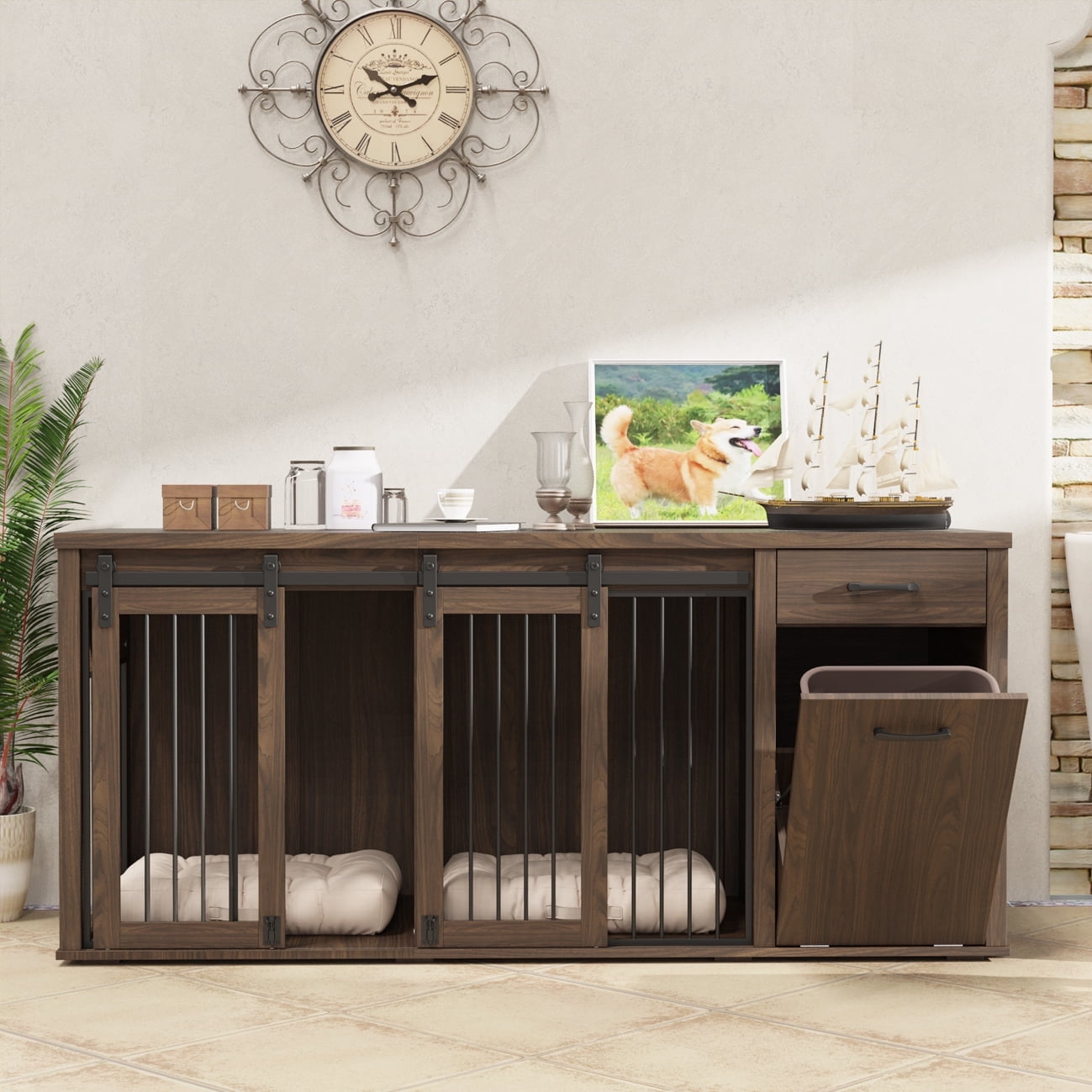 71'' Multi- Functional Dog Crate Furniture for 2 Dogs with Divider and Sliding Doors, Large Dog Kennel with Storage Drawer and Tilt Out Trash Cabinet, Brown