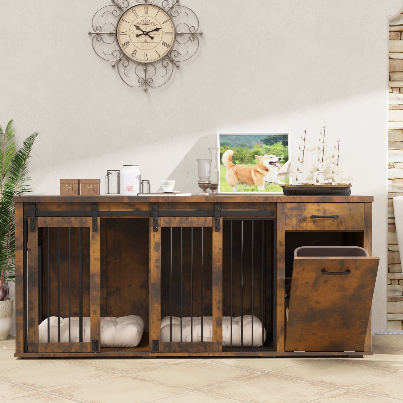 Multi- Functional Dog Crate Furniture for 2 Dogs with Divider and Sliding Doors, Large Dog Kennel with Storage Drawer and Tilt Out Trash Cabinet,Rustic Brown