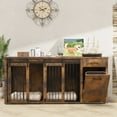 thumbnail image 1 of Multi- Functional Dog Crate Furniture for 2 Dogs with Divider and Sliding Doors, Large Dog Kennel with Storage Drawer and Tilt Out Trash Cabinet,Rustic Brown, 1 of 8
