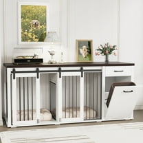 71'' Multi- Functional Dog Crate Furniture for 2 Dogs with Divider and Sliding Doors, Large Dog Kennel with Storage Drawer and Tilt Out Trash Cabinet, Whilte