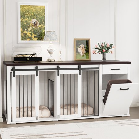 71'' Multi- Functional Dog Crate Furniture for 2 Dogs with Divider and Sliding Doors, Large Dog Kennel with Storage Drawer and Tilt Out Trash Cabinet, Whilte