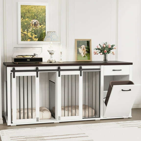 71'' Multi- Functional Dog Crate Furniture for 2 Dogs with Divider and Sliding Doors, Large Dog Kennel with Storage Drawer and Tilt Out Trash Cabinet, Whilte
