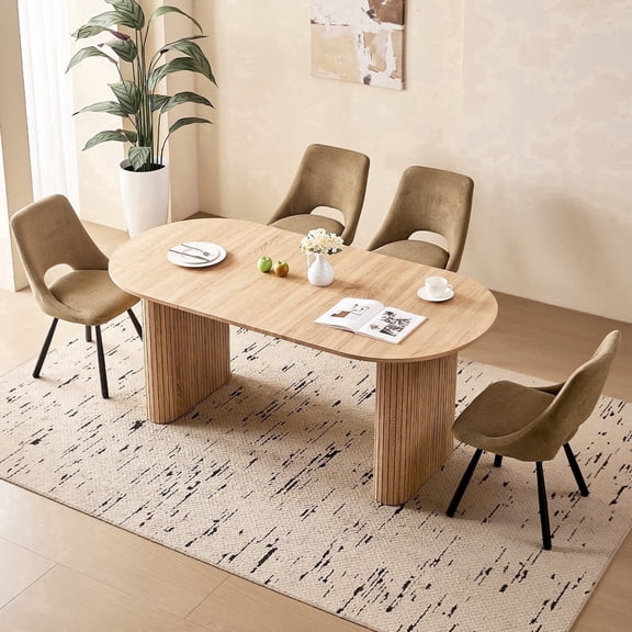 71" Natural Large Dining Table Set for 4 Modern Kitchen Table with Brown Boucle Upholstered Kitchen Chairs Set of 4