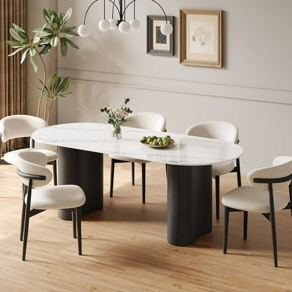 71" Oval Modern Dining Table for 6, White Sintered Stone Tabletop with Black Wooden Dual-Pedestal, Round Kitchen Table for Dining Room (Table Only)