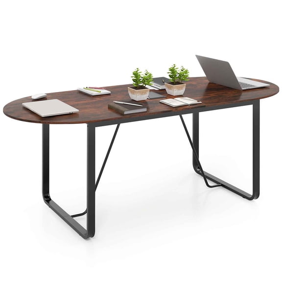 71" Oval Conference Table for 6-8 People, Industrial Executive Table with Cable Holes,Rustic Brown
