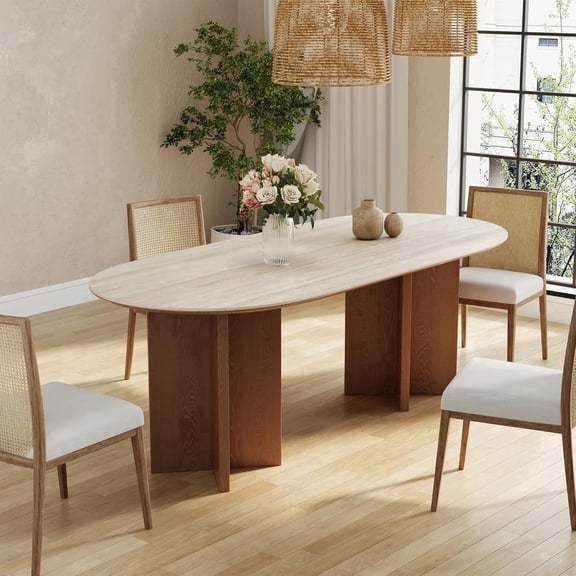 71" Oval Dining Table for 6, Mid Century Modern Dining Table, Unique Faux Marble Dining Table with Solid Wood Legs, Farmhouse Kitchen Table for Dining Room (Table Only)